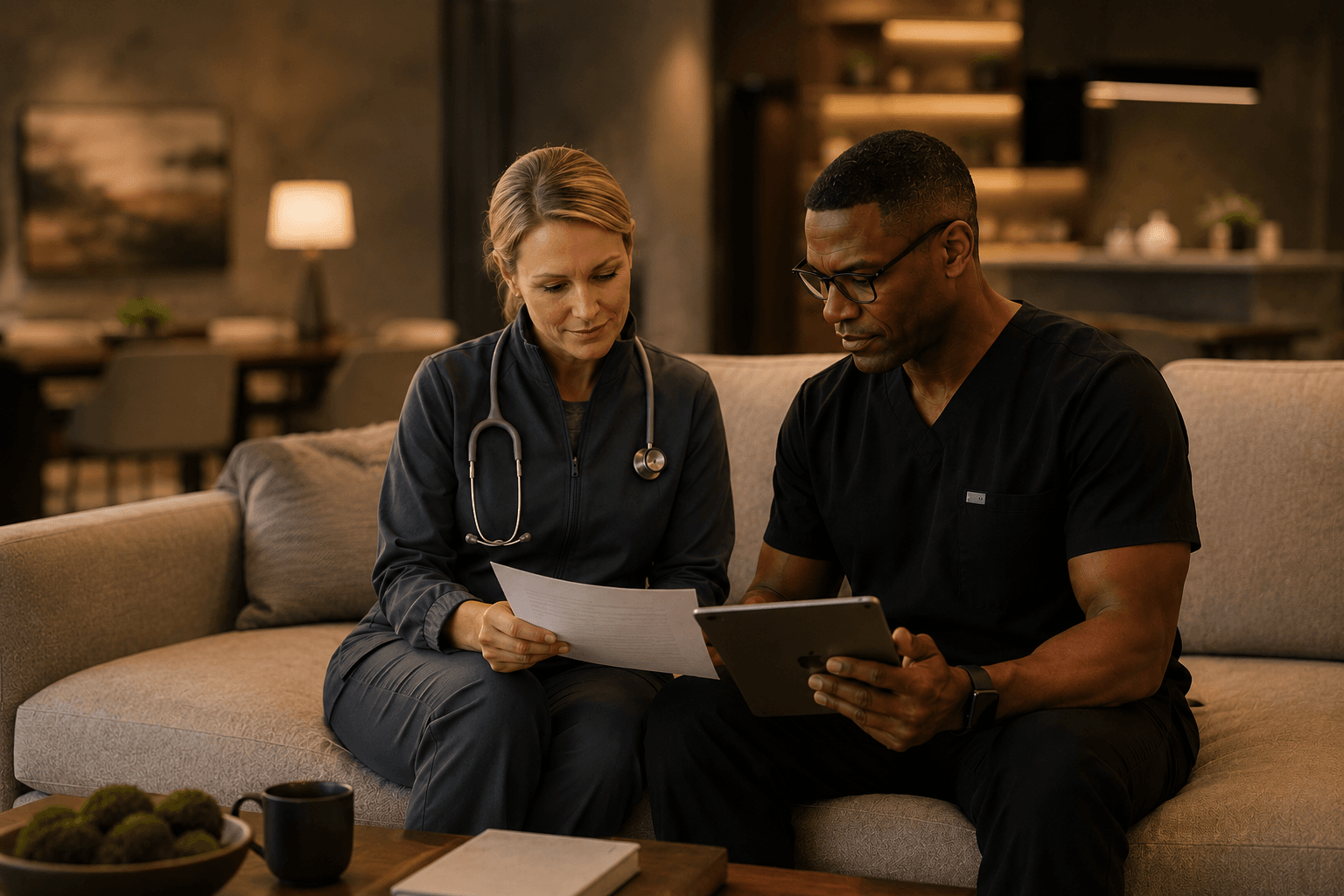 A clinician working calmly in a warm, well-appointed practice